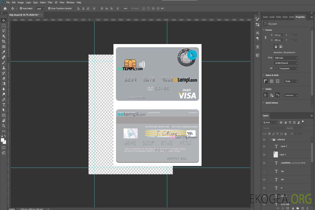 Carte de débit visa Nauru Bank of Nauru, modèle entièrement modifiable au format PSD template